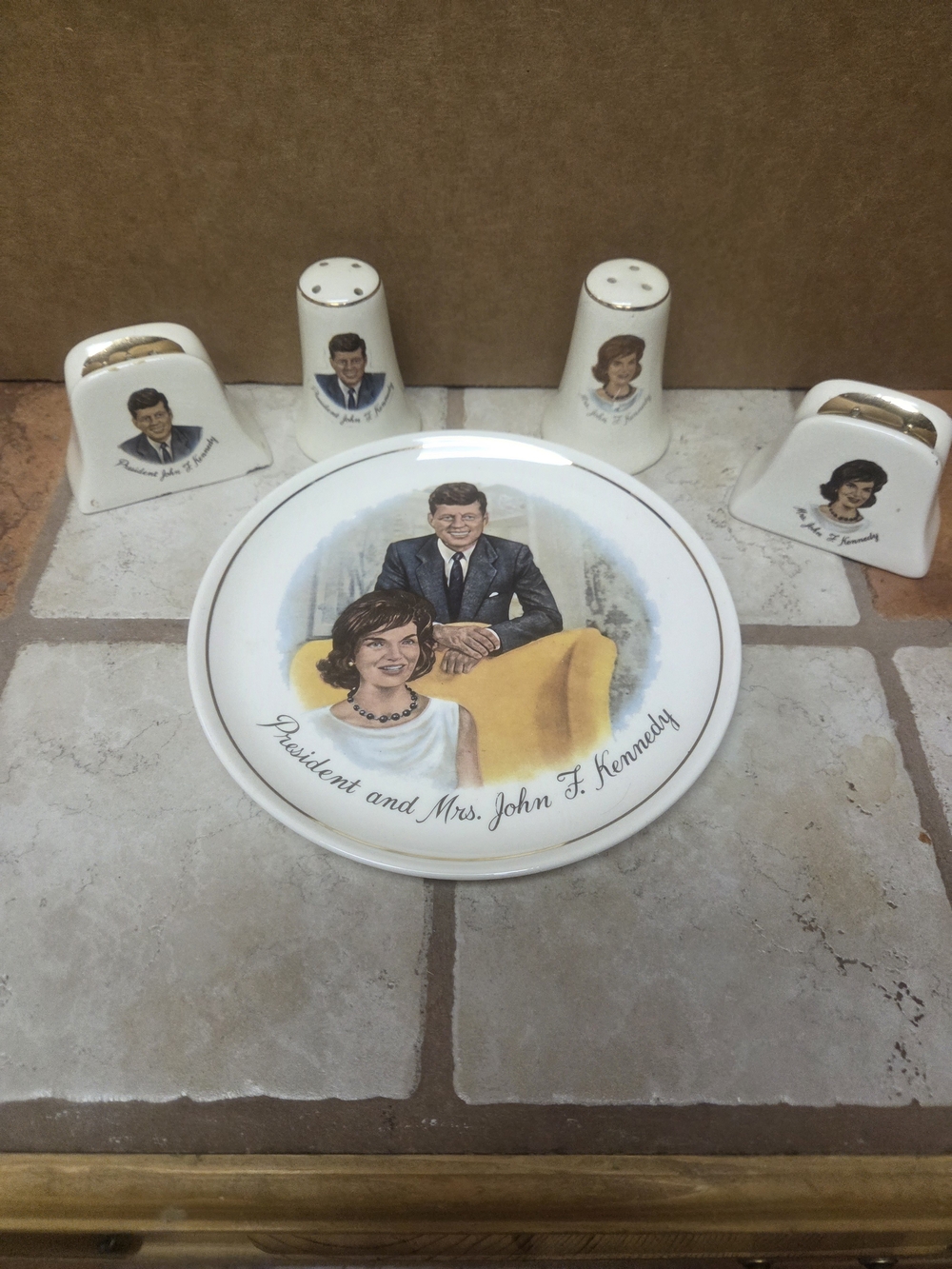 Vintage Commemorative Ceramic Plate and Condiment Set - White with Yellow Accent